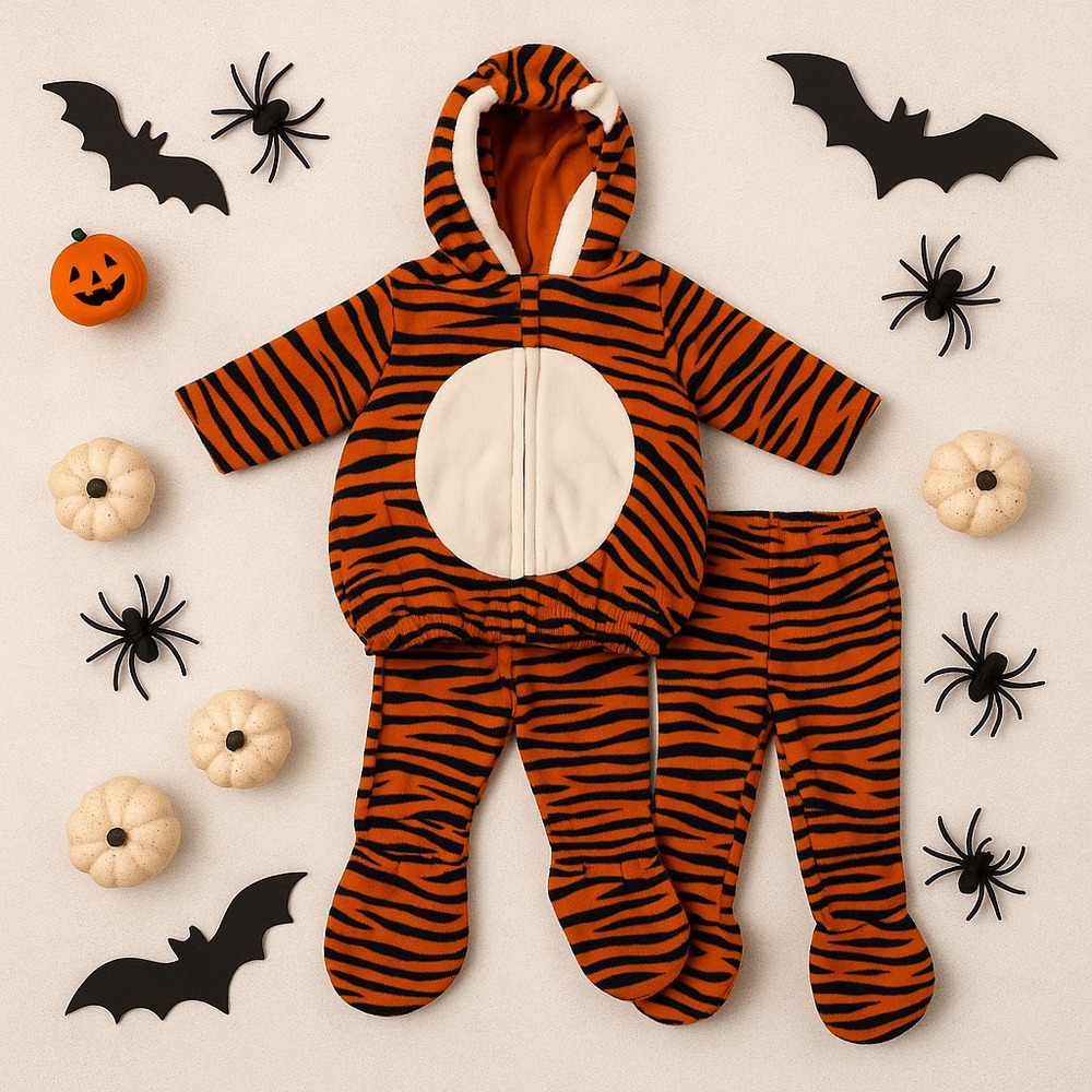Old Navy Baby 0-6M Orange‎ Tiger Costume 2 Piece Hooded Top Pants Halloween Set
